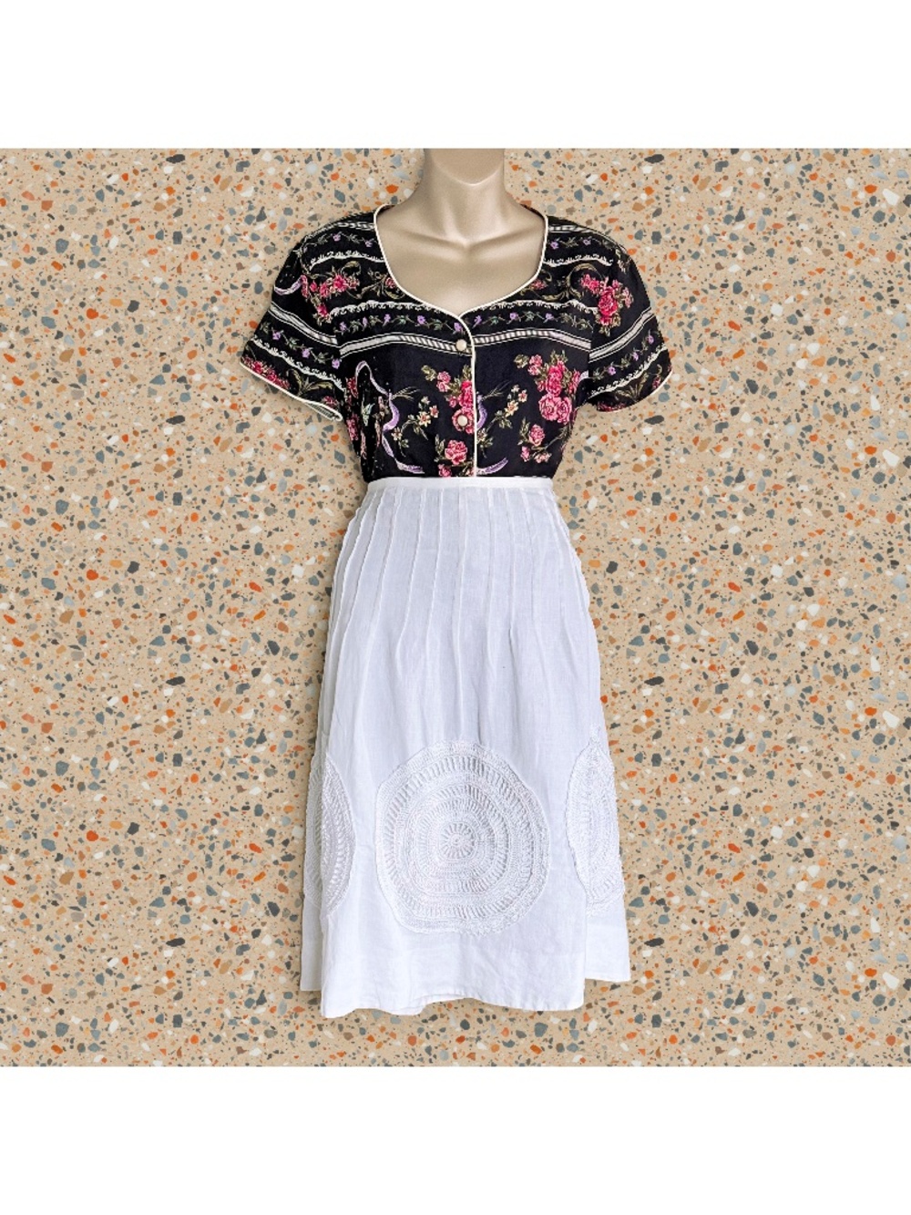 VTG Y2K Magaschoni White Linen Crochet A-Line Skirt Cottage Boho Coastal Sz 10